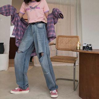Letter Print Cutout Straight-fit Jeans