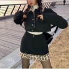 Leopard Panel Button Jacket / A-line Skirt / Mock Neck Top