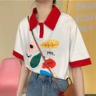 Short-sleeve Color Block Flower Polo Shirt