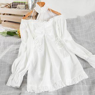 Choker-neck Ruffle Trim Mini A-line Dress