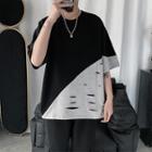 Two-tone Distressed Elbow-sleeve T-shirt