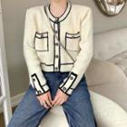 Contrast Trim Round Neck Button-up Waffle Knit Cardigan Off-white - One Size