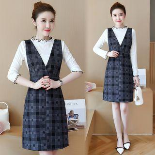 Set: Contrast Trim Long-sleeve Knit Top + V-neck Plaid Pinafore Dress