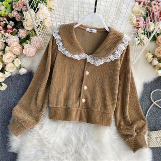 Lace-trim Corduroy Collared Blouse