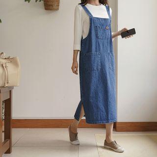 Pocket-detail Long Denim Suspender Dress
