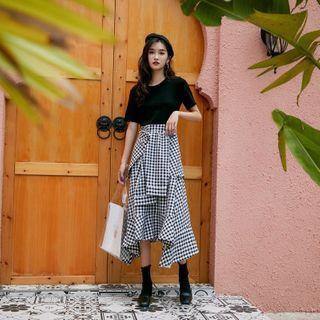 Mock Two-piece Gingham Panel Midi A-line Dress