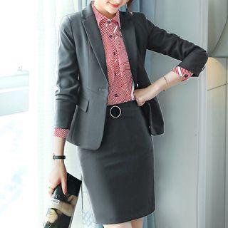 Slim-fit Dress Pants / Mini Pencil Skirt / Buttoned Blazer / Set