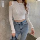 Crewneck Cold Shoulder Tassel Detail Ruched Top
