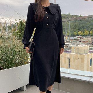Frilled-collar Button-trim Long Dress