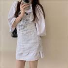Elbow-sleeve Print T-shirt / Spaghetti Strap Lace Mini Dress