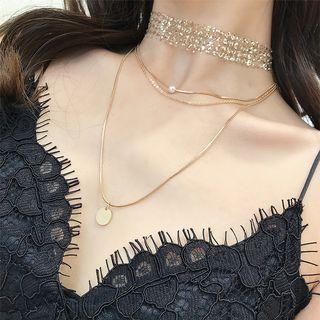 Alloy Disc Pendant Faux Pearl Layered Necklace