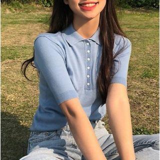Short-sleeve Knit Polo Shirt Blue - One Size
