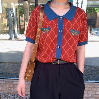 Butterfly Print Collared Short-sleeve Knit Top