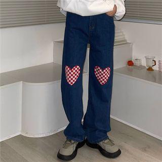 Heart Print Mid Rise Straight Leg Jeans