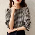 Elbow-sleeve Check Frill Trim Blouse