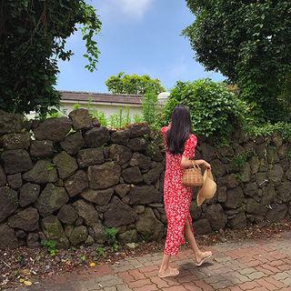 Puff-shoulder Long Floral Dress