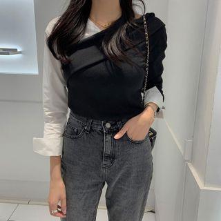 Long-sleeve Two-tone Wrapped Knit Top Black & White - One Size
