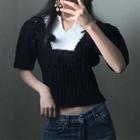 Perforated Color Block Short-sleeve Knit Top