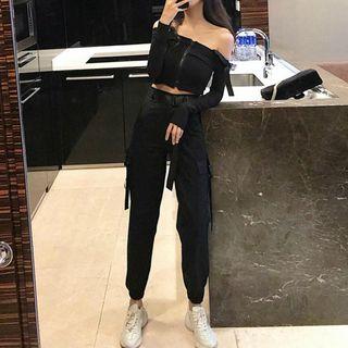 Off-shoulder Long-sleeve Top / Harem Pants / Belt / Set
