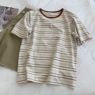Short Sleeve Striped T-shirt Stripe - Beige - One Size