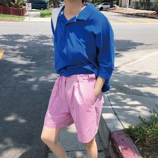 Knit Short-sleeve Polo Shirt / Wide-leg Copped Shorts
