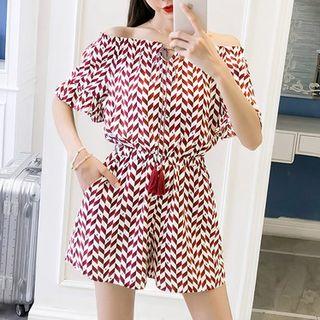 Off-shoulder Patterned Short-sleeve Playsuit