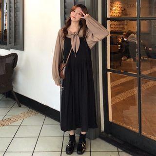 Set : Long-sleeved Shirt + Pleated Sling Dress