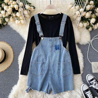 Set Of 2 : Frayed Trim Dungarees + Long-sleeve Plain Top As Shown In Figure - One Size