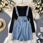 Set Of 2 : Frayed Trim Dungarees + Long-sleeve Plain Top As Shown In Figure - One Size