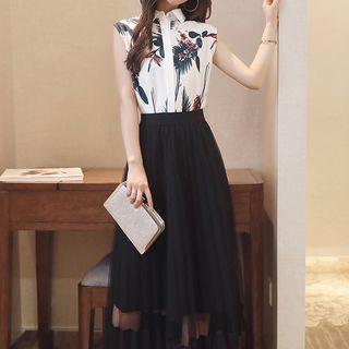 Set: Floral Print Sleeveless Shirt + Mesh Panel Midi Skirt