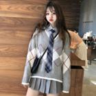 Argyle Sweater / Mini Pleated Skirt / Long-sleeve Shirt With Tie