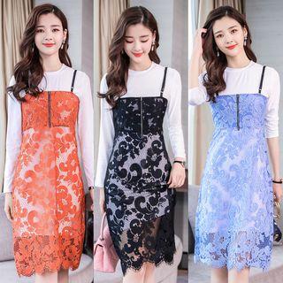 Set: Long-sleeve Long T-shirt + Spaghetti Strap Lace Dress
