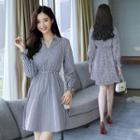 Gathered-waist Long-sleeved Striped A-line V-neck Sheath Dress