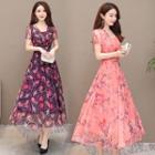 Printed Short-sleeve Maxi A-line Chiffon Dress