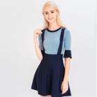 Elbow-sleeve Bell-sleeve Color-block Crewneck A-line Sheath Dress