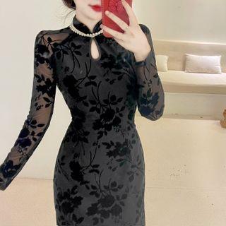 Long-sleeve Floral Mesh Sheath Qipao Dress