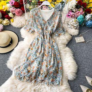 V-neck Retro Floral Print Chiffon Dress