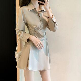 Long-sleeve Plain Ruched Shirtdress