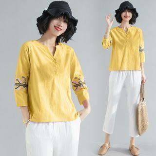 3/4-sleeve Embroidered Henley Top