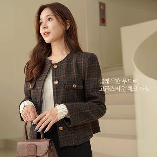 Round-neck Flap Plaid Jacket