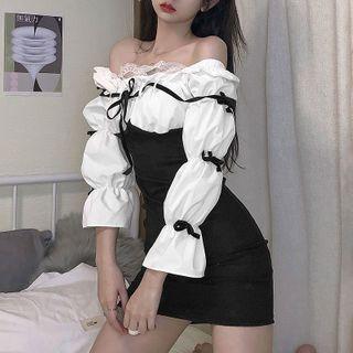 Long-sleeve Off-shoulder Mini Bodycon Dress Black - M