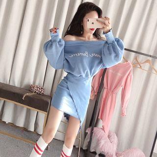 Off-shoulder Long-sleeve Lettering Mini Bodycon Dress