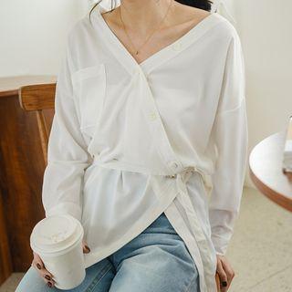 Long-sleeve Asymmetric Chiffon Tie Waist Top