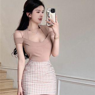Halter Cold-shoulder Top / Houndstooth Mini Pencil Skirt