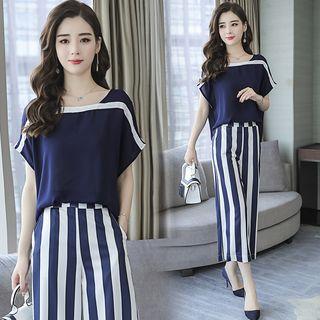 Set: Shot-sleeve Chiffon Blouse + Striped Wide-leg Pants