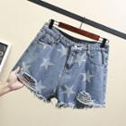 Star Print Distressed Denim Shorts