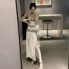 Spaghetti Strap Lettering Slit Maxi A-line Dress
