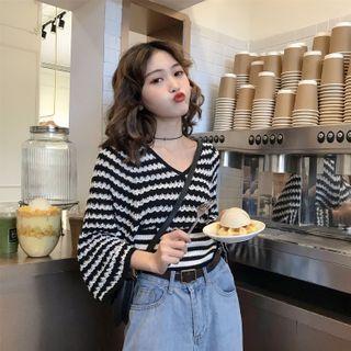 3/4-sleeve Striped Knit Top As Shown In Figure - One Size