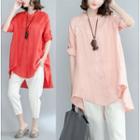 Embroidered Elbow-sleeve Linen Top