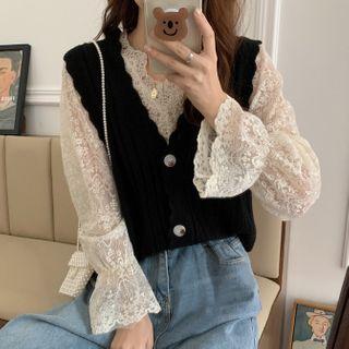 Lantern-sleeve Lace Blouse / Plain V-neck Cable-knit Vest